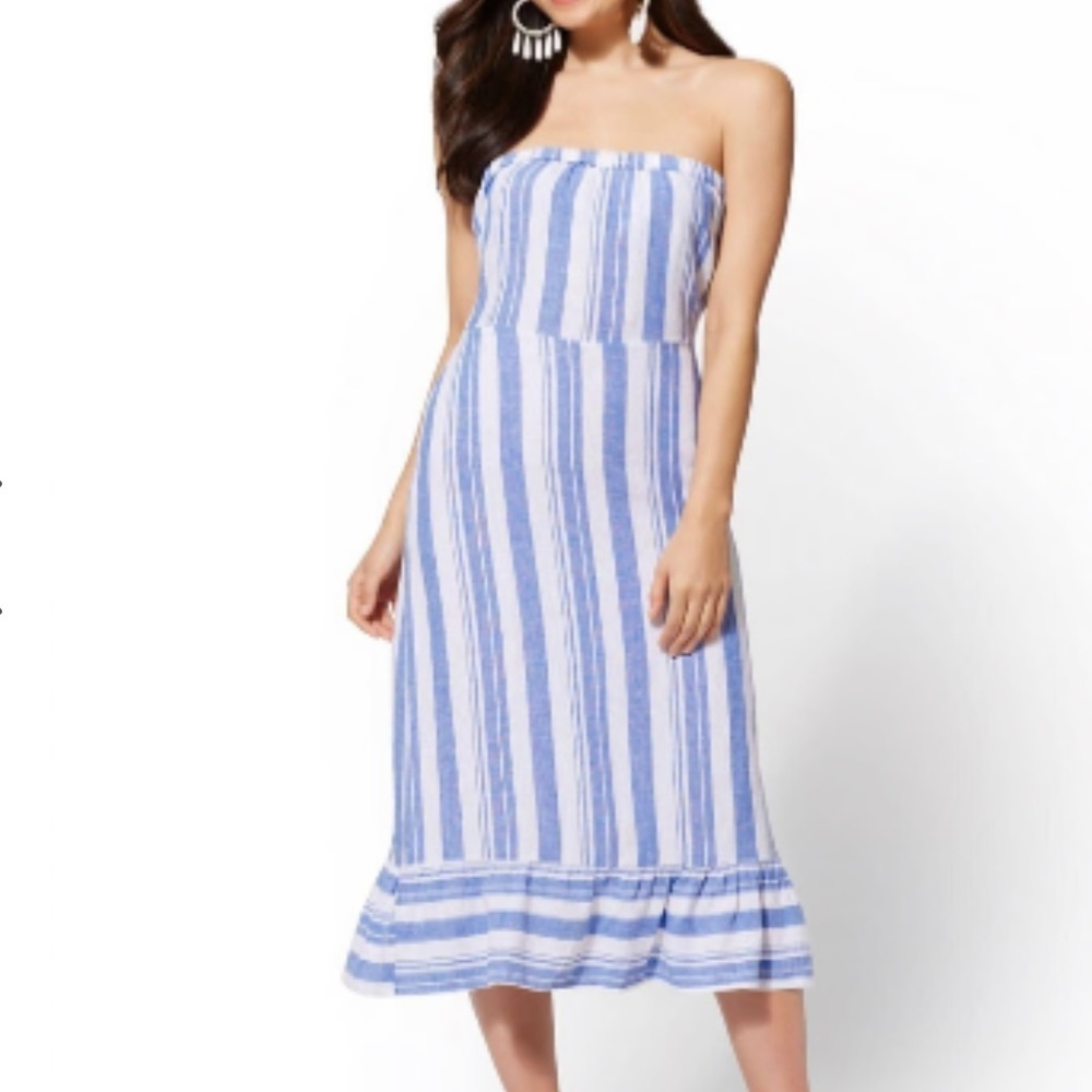 New York & Company Soho Blue Striped Linen Blend Strapless Midi Dress Large